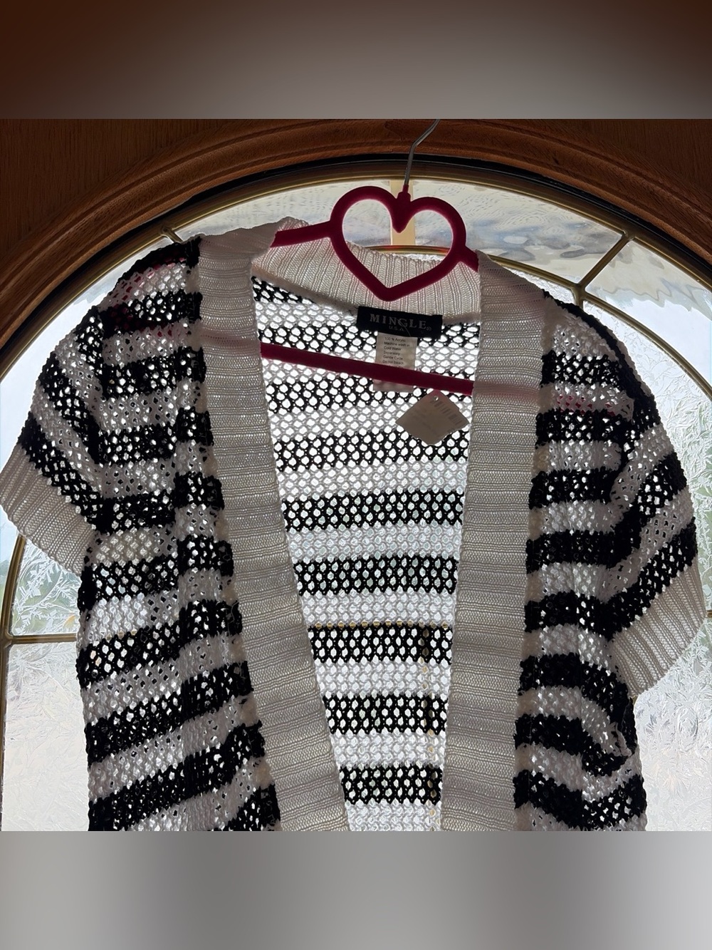 Mingle Open-Knit Black and White Striped Cardigan